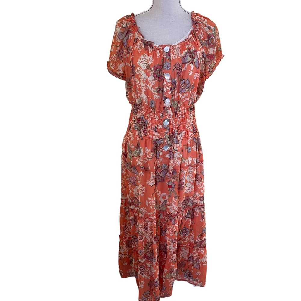 Figueroa and Flower Coral Off the Shoulder Smocked Waist Tiered Maxi Dress